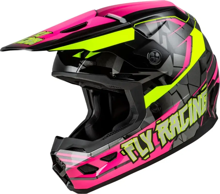 Laatste Versie Fly Racing 2025 Kinetic Scorched Jeugd Crosshelm Fluor Roze / Fluor Geel / Zwart