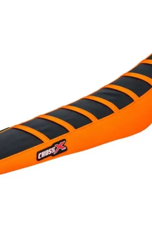 Veilige Betaling Cross X Geribbeld Zadelovertrek Zwarte Bovenkant / Oranje Zijkanten / Zwarte Strepen KTM SX65 2024