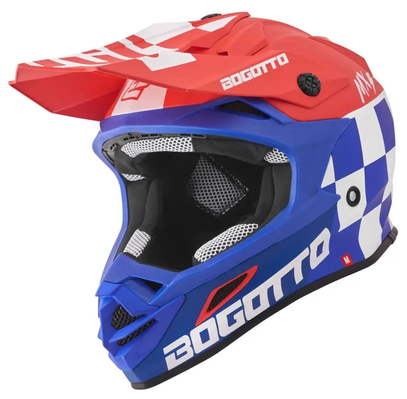 Bogotto V328 Xadrez Carbon Blauw Rood Wit Crosshelm Meest Verkocht